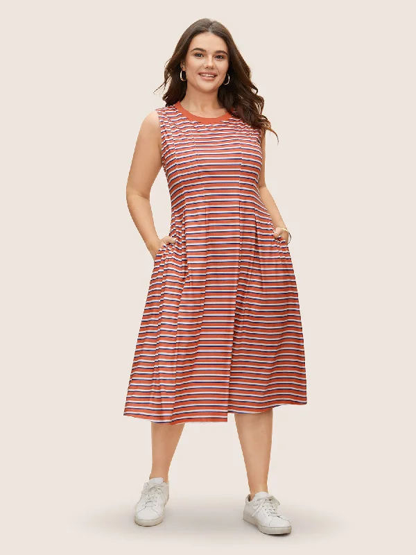 casual midi dressContrast Striped Pleated Pocket Tank Dress