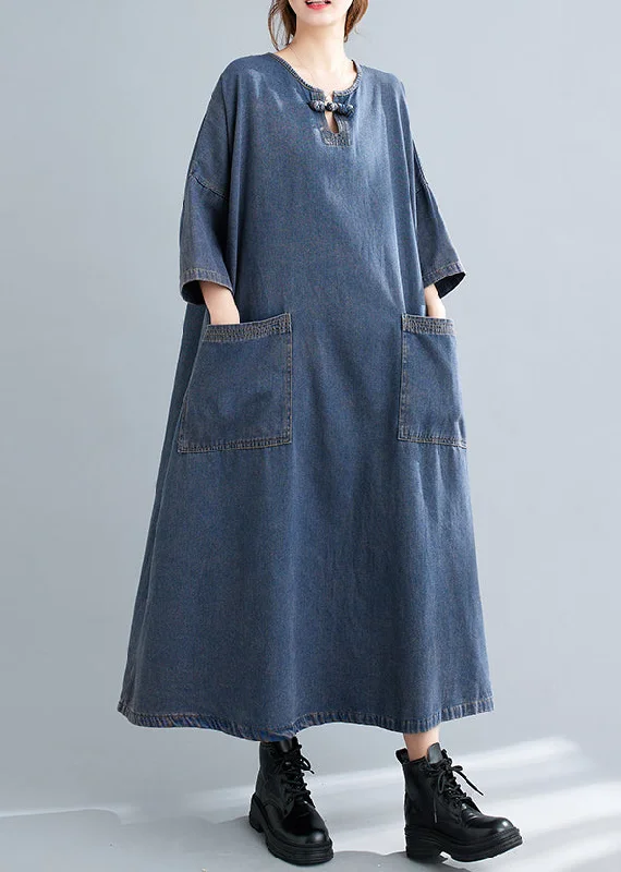 wool dressPlus Size Blue O Neck Pockets Patchwork Denim Long Dresses Fall