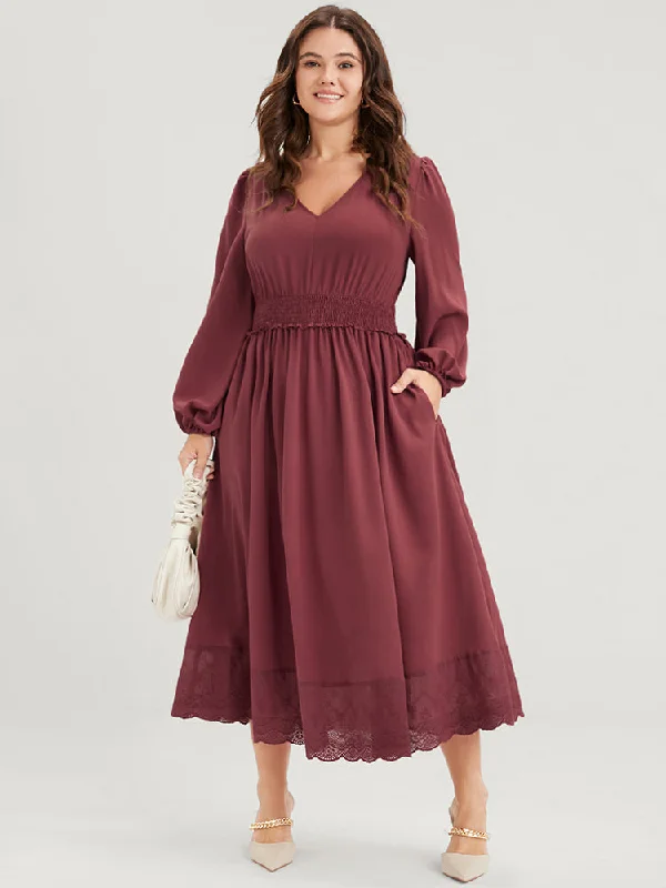 ruched dressSolid Pocket Lantern Sleeve Patchwork Ruffled Shirred Dress