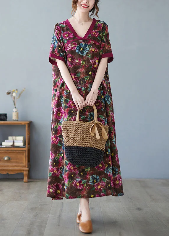 ashionable dressCasual Coffee V Neck Print Cozy Maxi Dress Short Sleeve