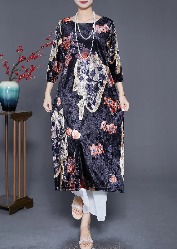 t-shirt dressDiy Black Oversized Print Silk Velour Long Dress Bracelet Sleeve