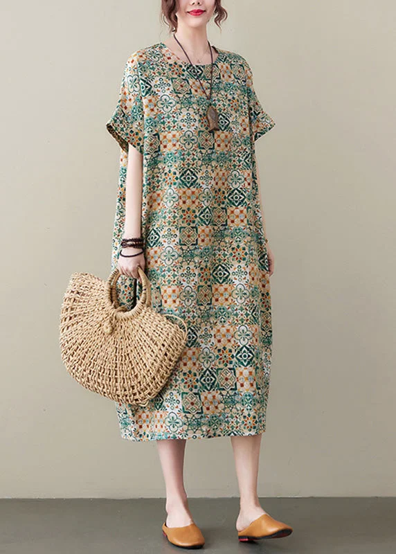 flowy evening dressElegant Green Print Cozy Long Dress Summer