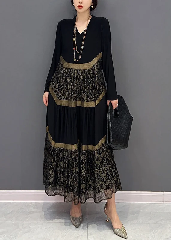 long sleeve dressChic Black V Neck Print Tulle Patchwork Cotton Dresses Fall