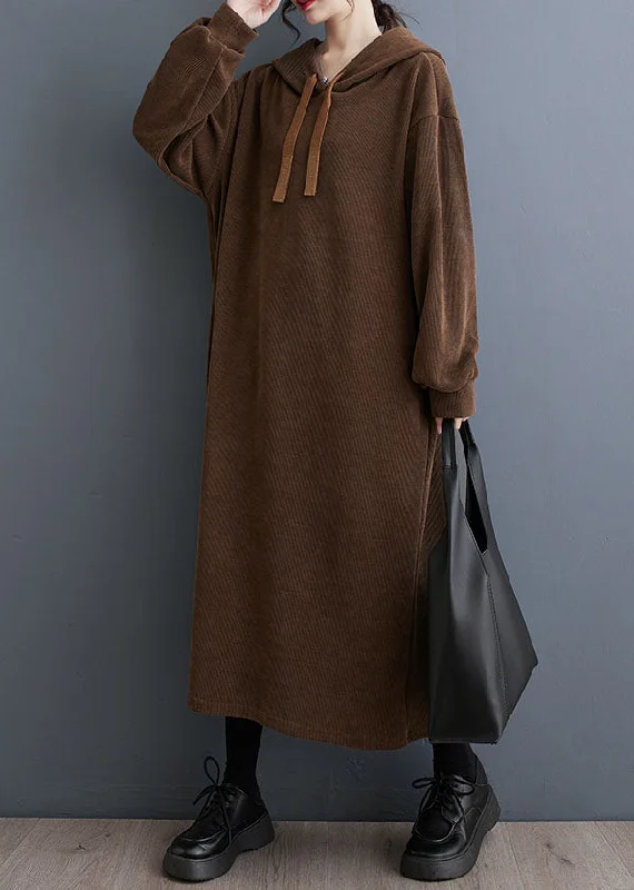 elegant maxi dressLoose Coffee Pockets Hooded Maxi Dresses Fall