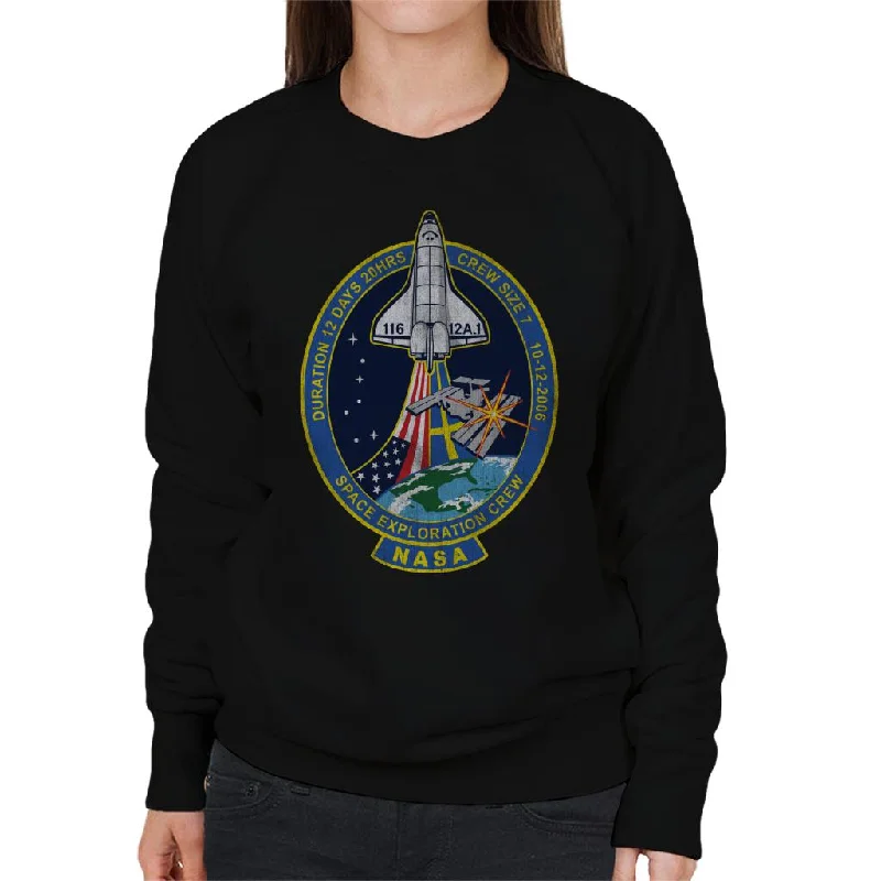 casual workout hoodieNASA STS 116 Discovery Mission Badge Distressed Women's Sweatshirt