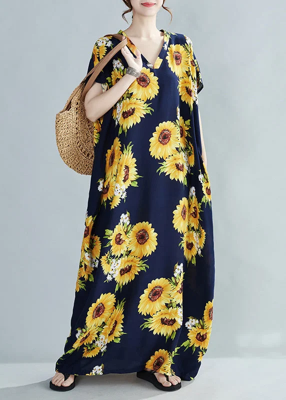 high-waisted dressBohemian Yellow V Neck Sunflower Maxi Dress Summer