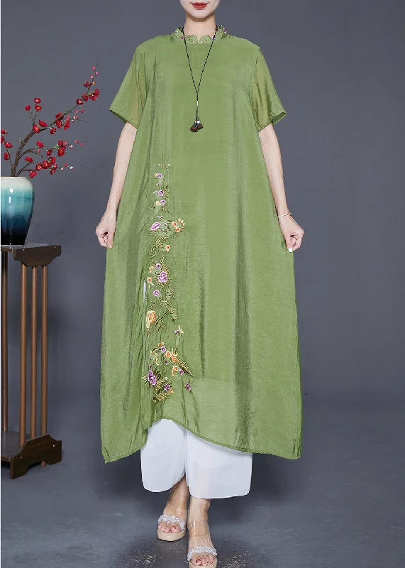 trendy mini dressGrass Green Linen Silk Holiday Dress Embroideried Mandarin Collar Summer