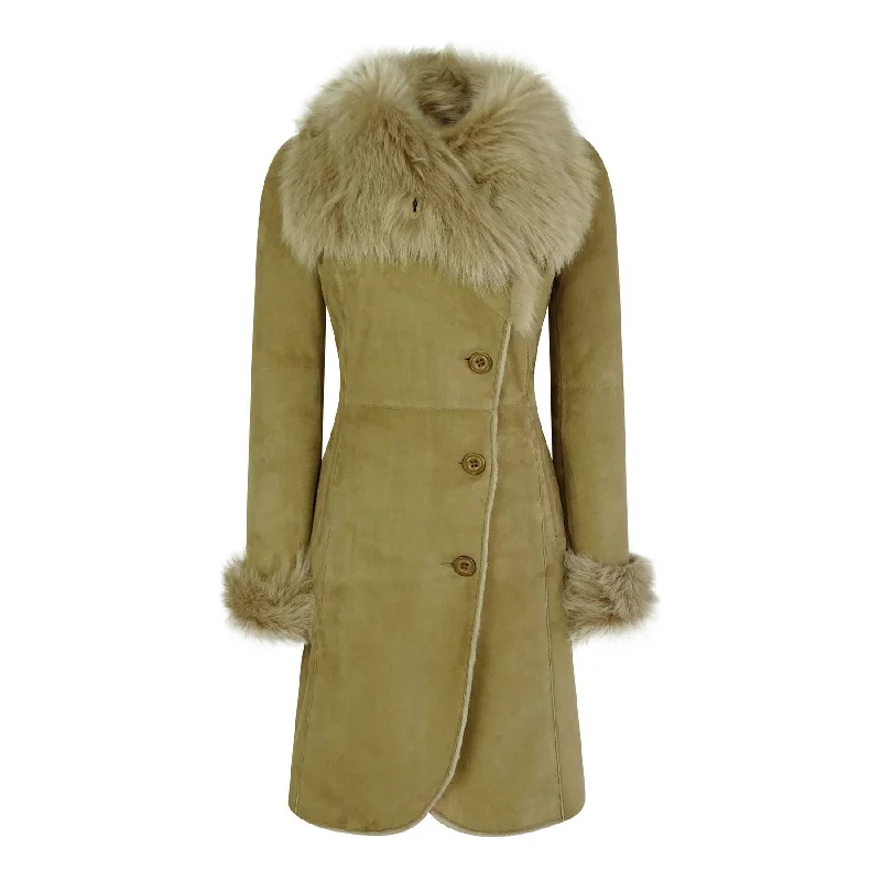 cold weather coatLadies Real Sheepskin Jacket Suede Button Tailored Fit 3/4 Long Trench Coat Italian