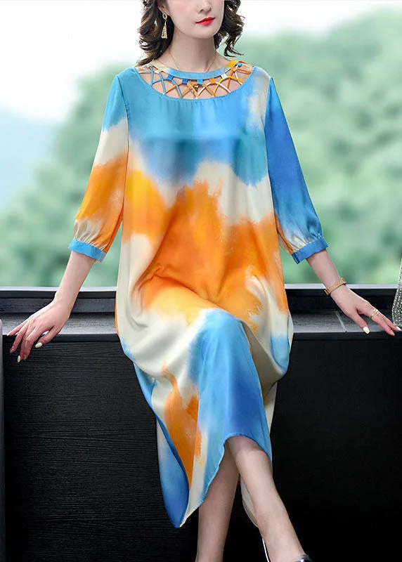 casual day dressFrench Blue O Neck Tie Dye Patchwork Silk Dress Bracelet Sleeve