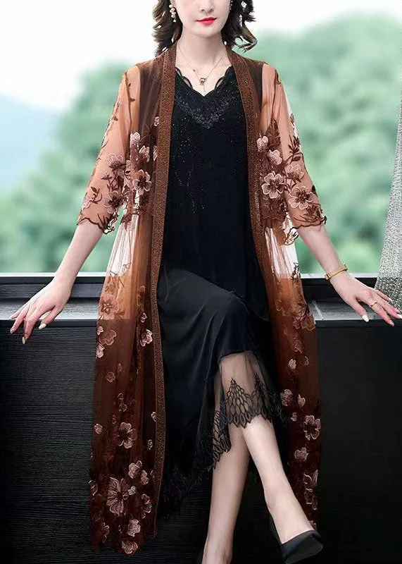 layered dressCoffee Patchwork Tulle Cape Dresses Embroideried V Neck Summer