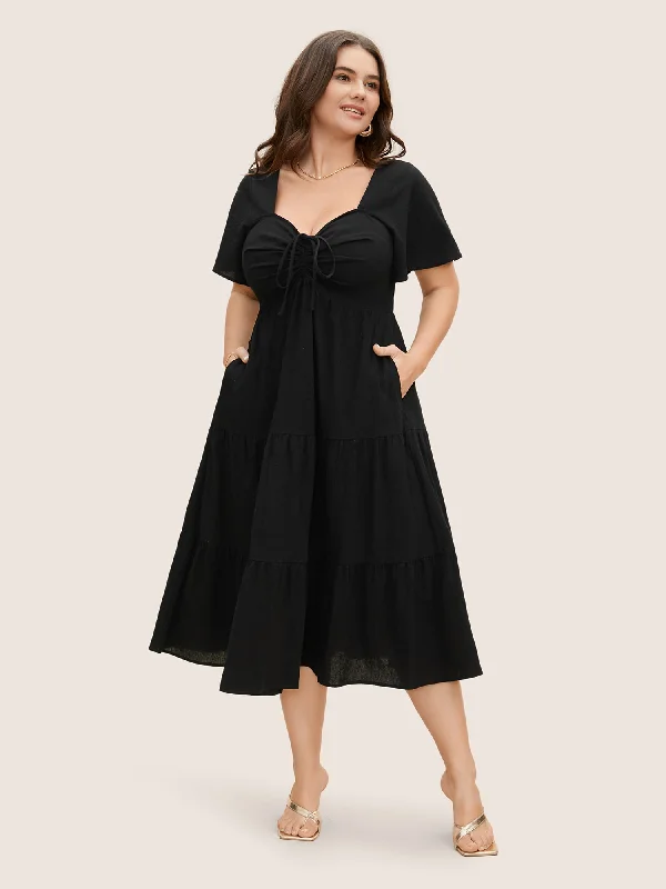 pleated maxi dressCotton Heart Neckline Drawstring Gathered Midi Dress