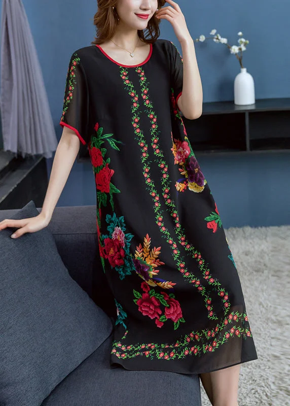 silk dressStylish Black O Neck Print Patchwork Chiffon Dresses Summer