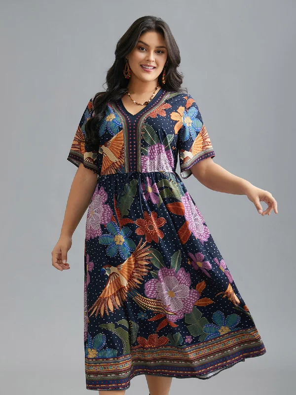 ruffle dressV Neck Multi-Color Floral Midi Dress