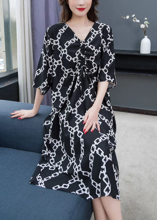 off-the-shoulder dressChic Black V Neck Print Wrinkled Patchwork Chiffon Dress Summer