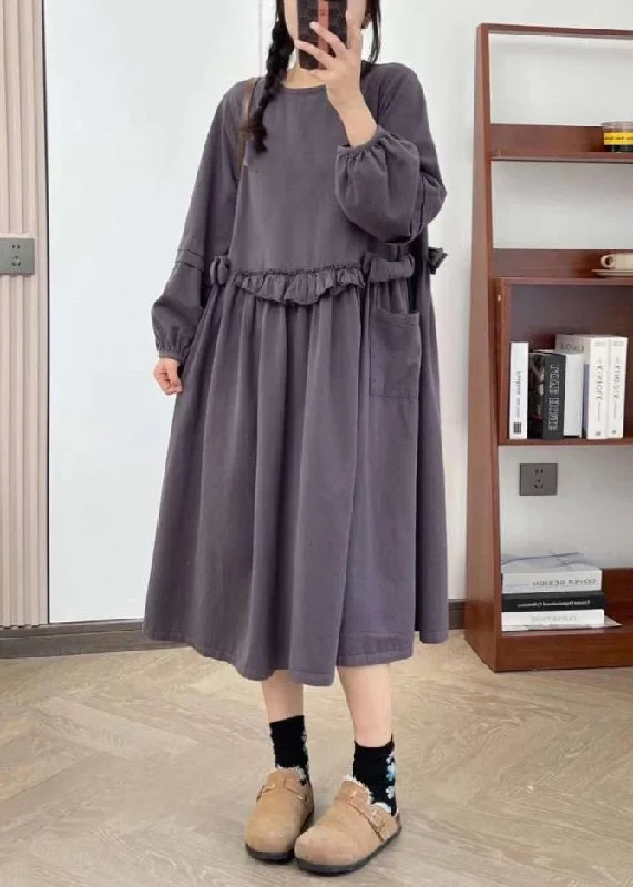 casual shift dressNew Purple Ruffled Pockets Cotton Long Dresses Spring