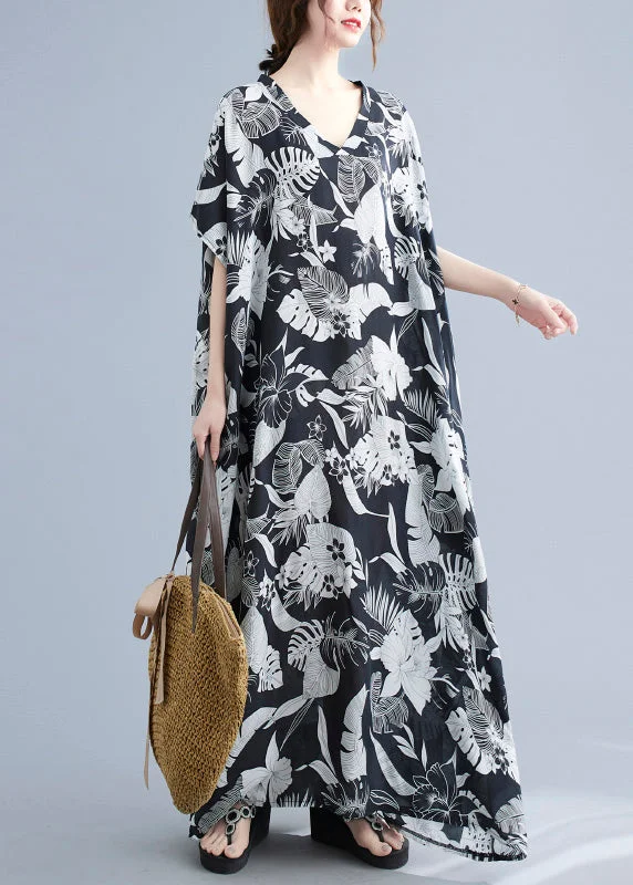 tiered dressNatural Black V Neck Print Robe Dresses Short Sleeve