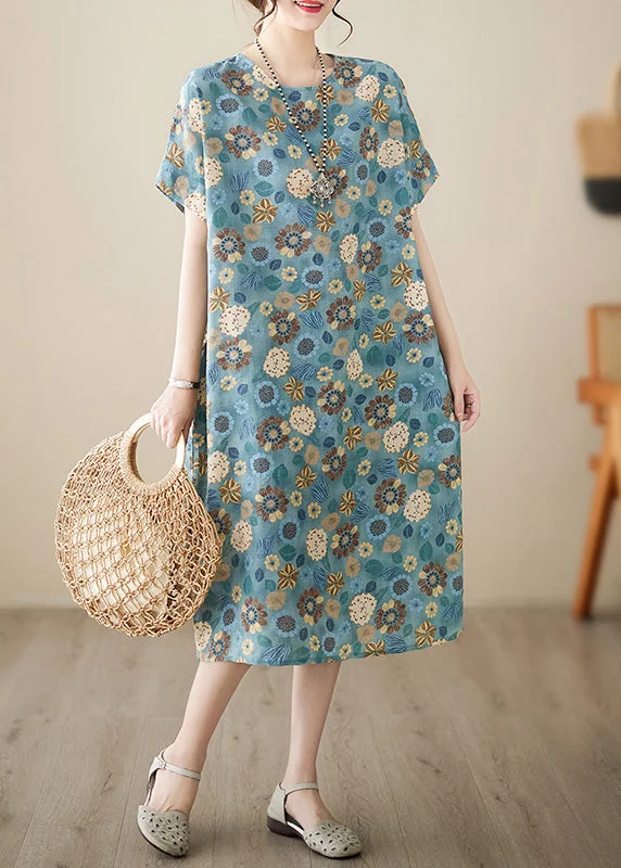 silk dressItalian Light Blue Print Cotton Party Long Dress Summer