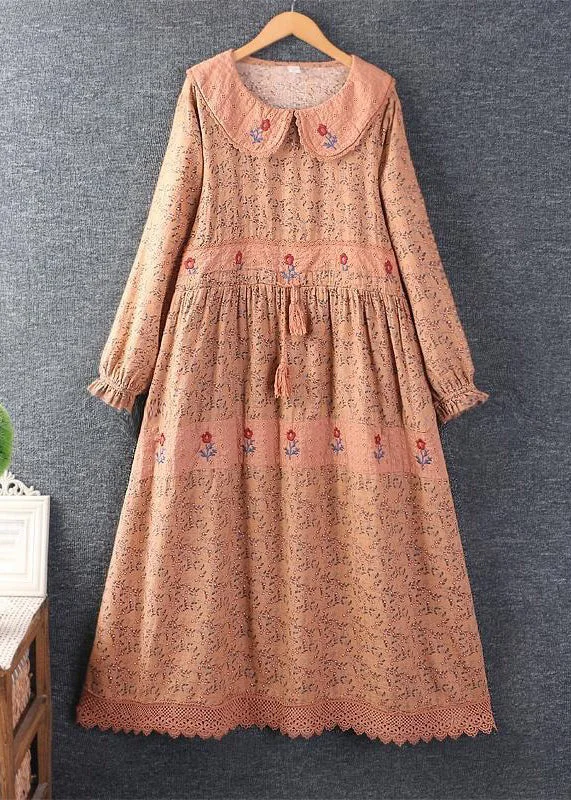 vintage dressElegant Orange Embroideried Tie Waist Pockets Linen Dresses Spring