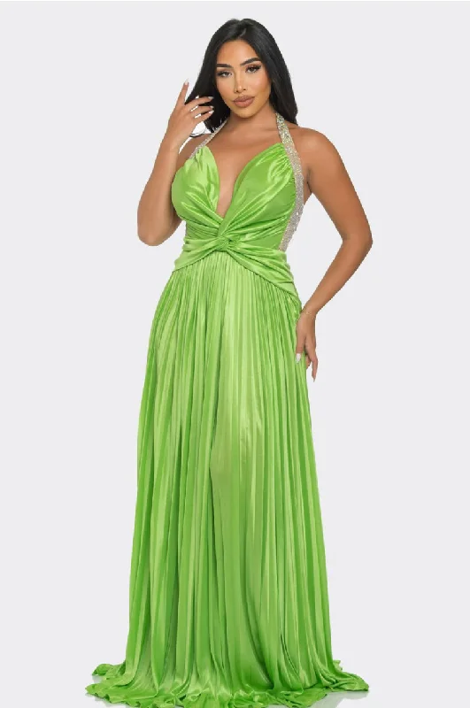 minimalistic dressPretty Green Rhinestone Pleated Maxi Dress