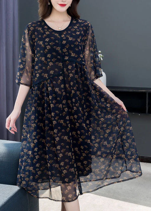 chic shift dressFrench Navy O Neck Print Patchwork Chiffon Dresses Summer