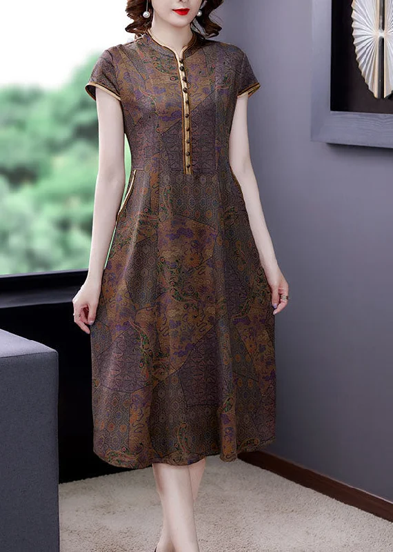 wrap dressVintage Coffee Stand Collar Print Button Patchwork Silk Dress Summer