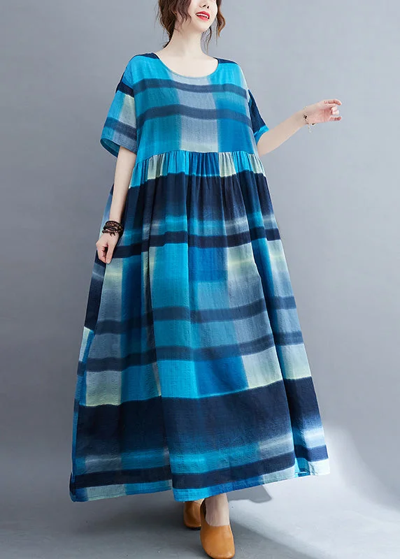 form-fitting dressPlus Size Blue Plaid O-Neck Patchwork Maxi Dresses Summer