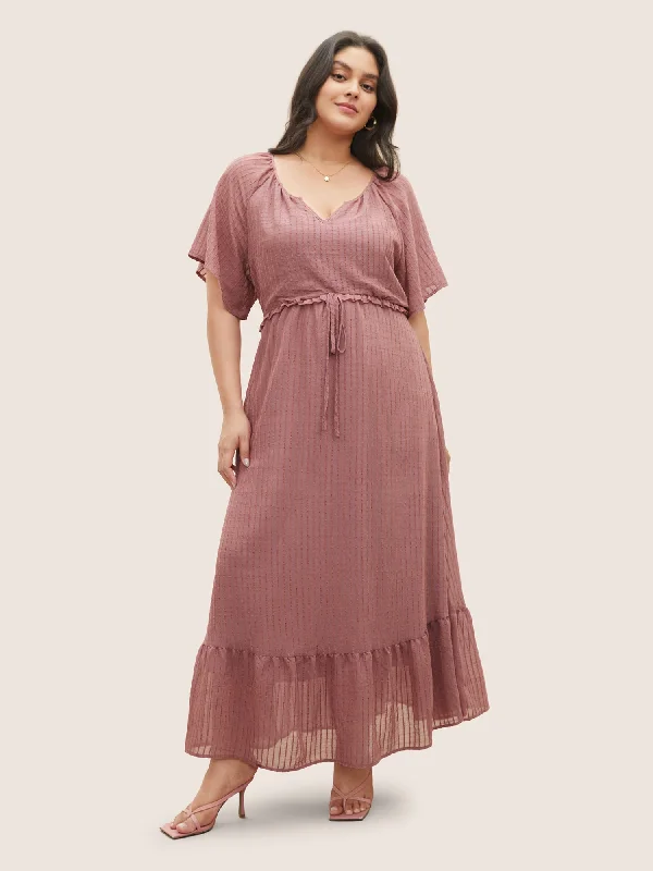 ashionable dressSolid Striped Notched Ties Up Pocket Flutter Maxi Dress