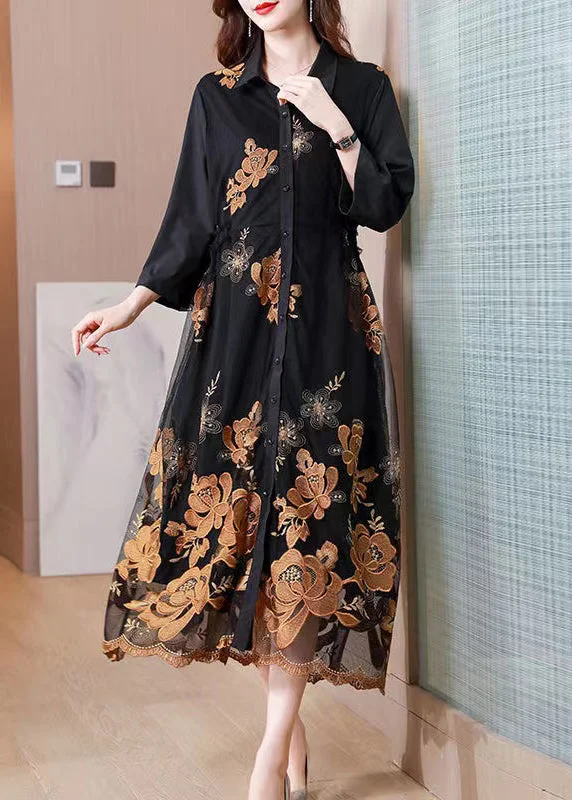 romantic dressHandmade Black Peter Pan Collar Embroidered Patchwork Dress Fall