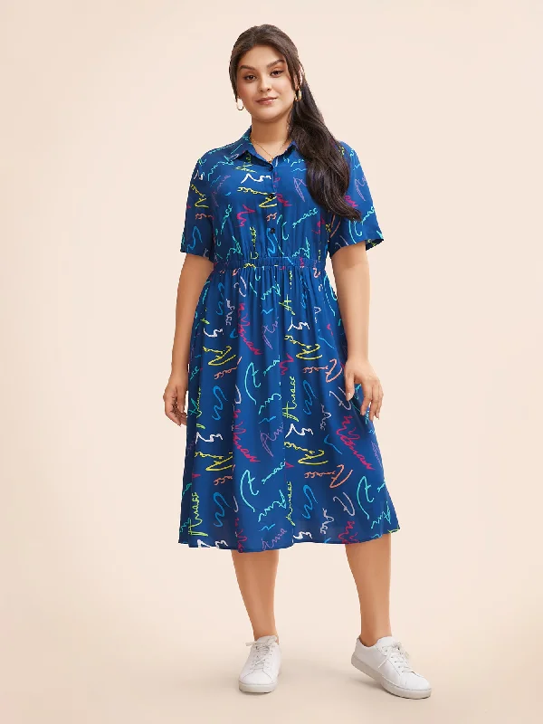 cocktail dressScribble Print Elastic Waist Midi Shirt Dress