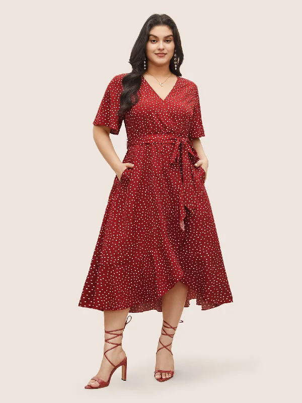 statement dressPolka Dot Surplice Neck Belted Arc Hem Dress