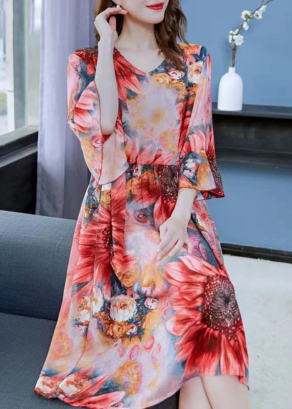 casual midi dressBeautiful Red The Sunflowers Print Patchwork Chiffon Dresses Butterfly Sleeve