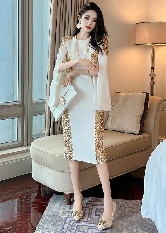 elegant dressFrench White O Neck Sequins Patchwork Cotton Dress Fall