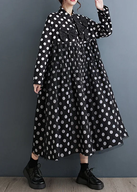 t-shirt dressFrench Black Peter Pan Collar Dot Bow Patchwork Cotton Dresses Fall