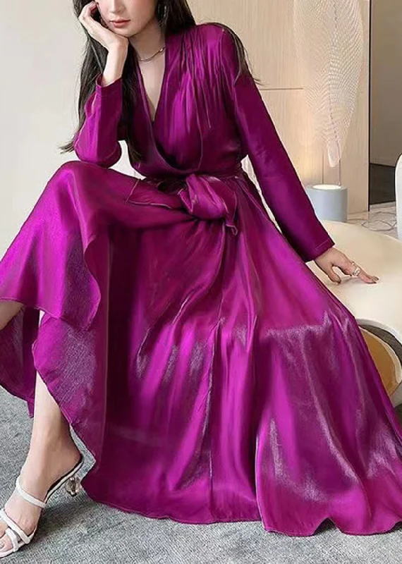 shift dressFashion Rose V Neck Tie Waist Silk Long Dress Spring