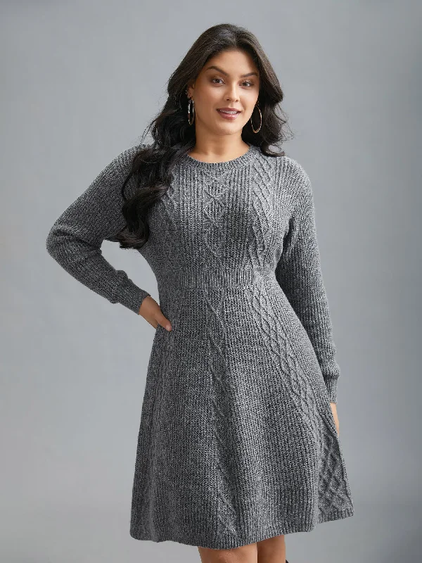 trendy wrap dressCable Knit Ribbed Waist Cinched Midi Sweater Dress