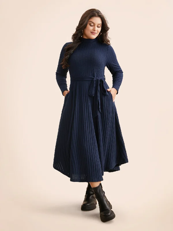 luxury dressPlain Turtleneck Arc Hem Belted Dress