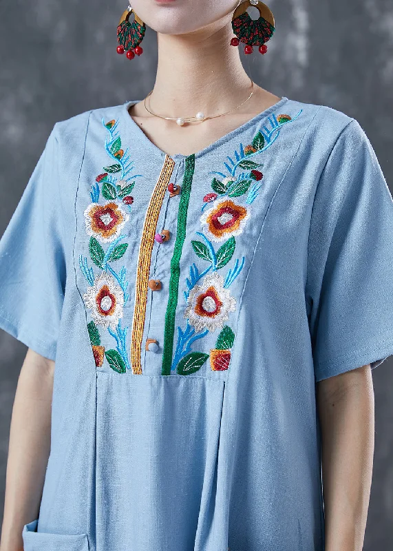 knit dressLight Blue Patchwork Linen Long Dress Embroideried Summer