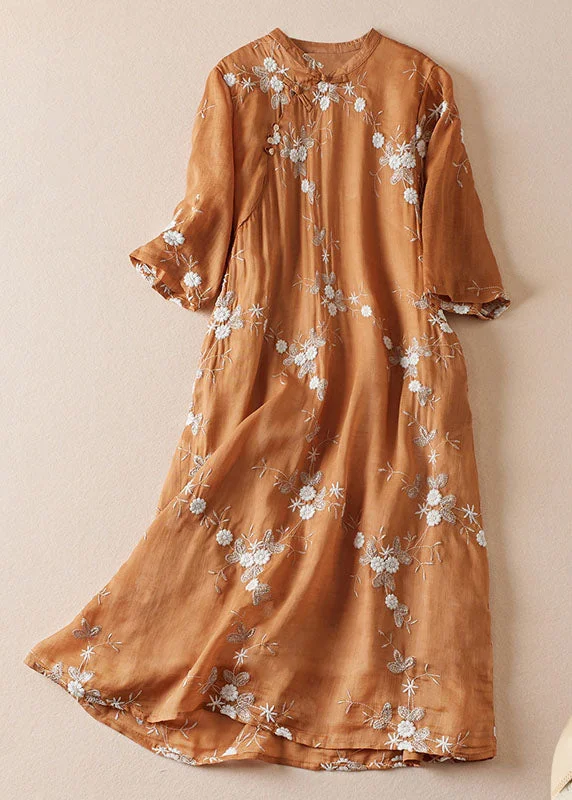 vintage-inspired dressVintage Orange Embroideried Chinese Button Patchwork Linen Dress Summer