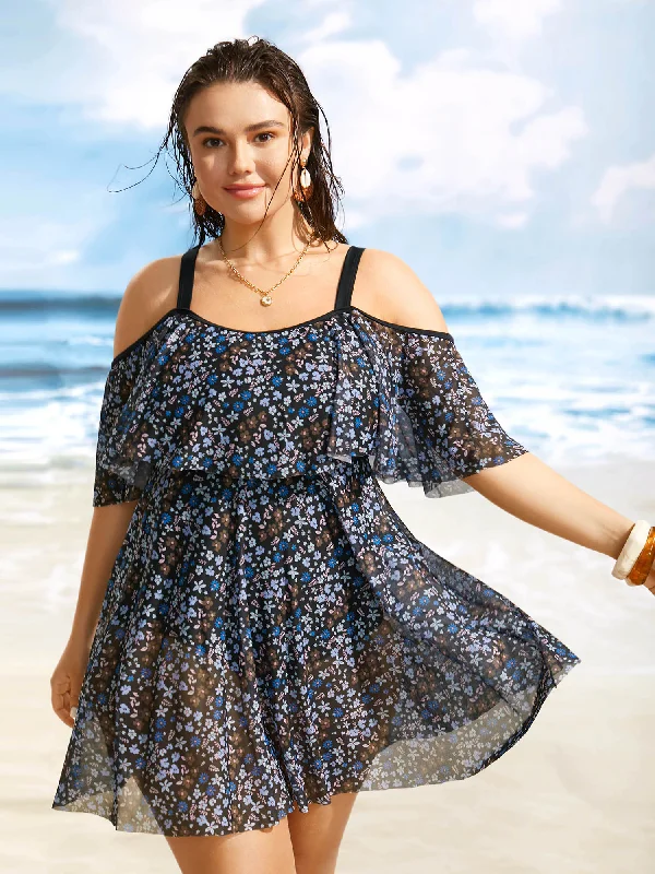 boho-chic dressOne Shoulder  Ditsy Floral Ruffles Swim Dress