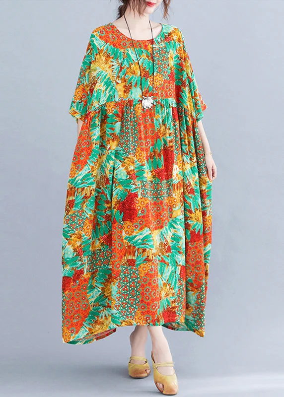 chic slip dressBohemian Orange O-Neck Print Cozy Maxi Dresses Summer