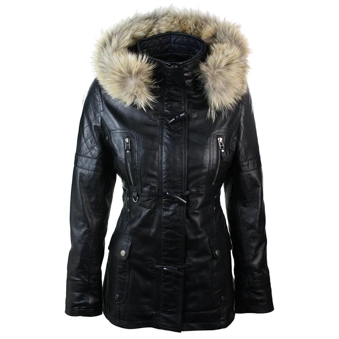 insulated coatLadies Real Leather Black Trench Mid Length Hooded Winter Retro Duffle Jacket