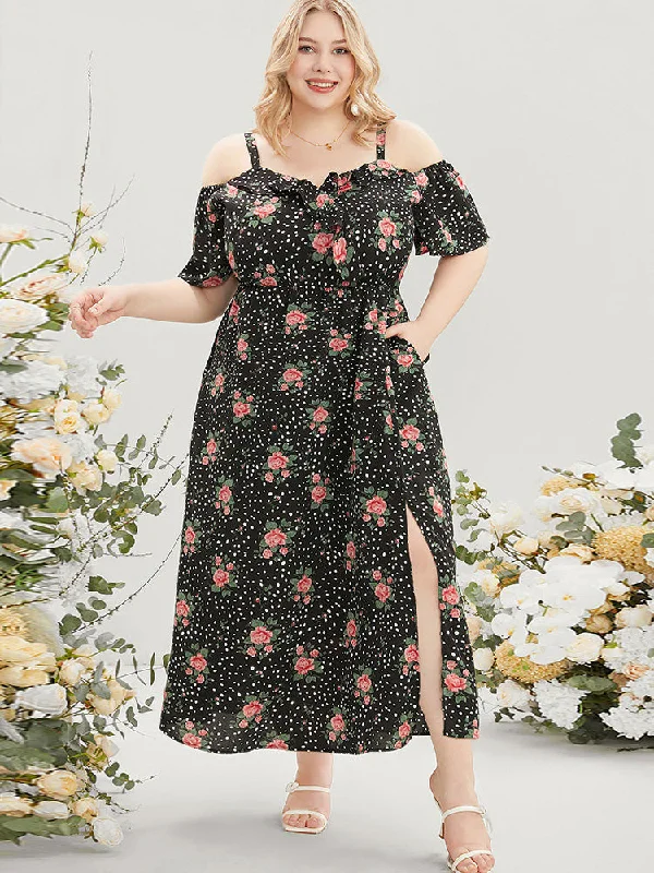 flowy evening dressFloral & Polka Dot Ruffle Trim Pocket Cold Shoulder Split Dress