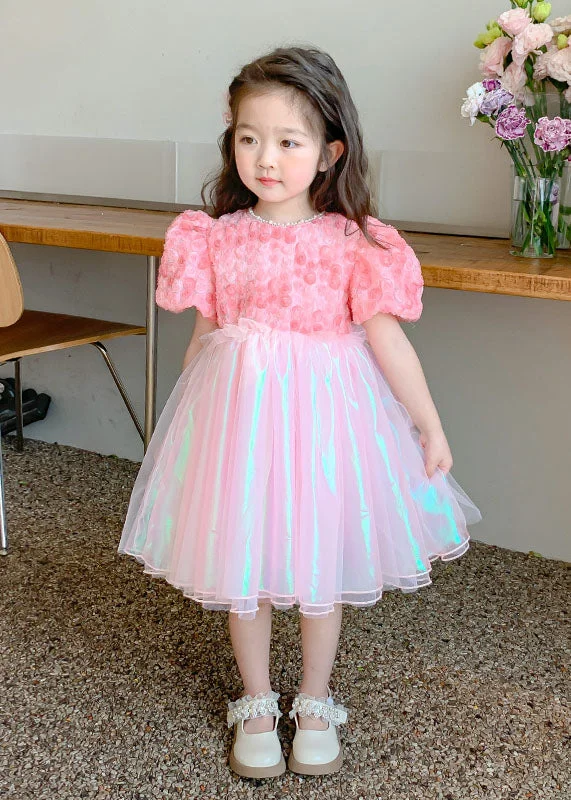 casual knit dressCute Pink Wrinkled Nail Bead Patchwork Tulle Baby Girls Dress Short Sleeve