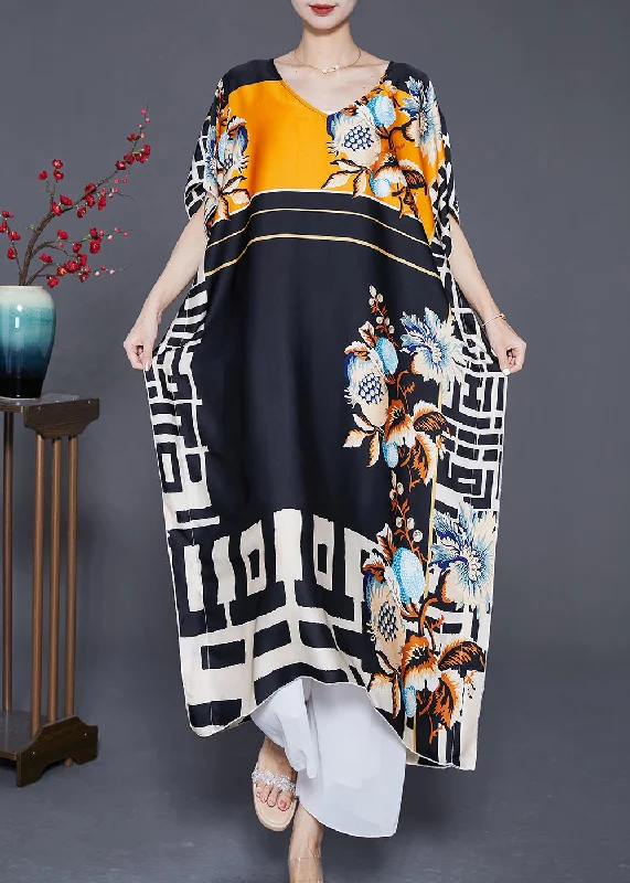 elegant maxi dressBohemian Black Oversized Print Silk Robe Dresses Batwing Sleeve