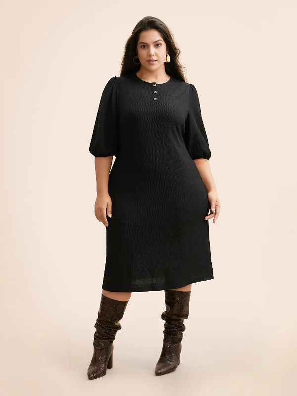 fitted cocktail dressTexture Button Up Puff Sleeve Dress