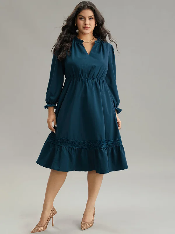 oversized dressSolid Frill Trim Guipure Lace Flutter Sleeve Dress