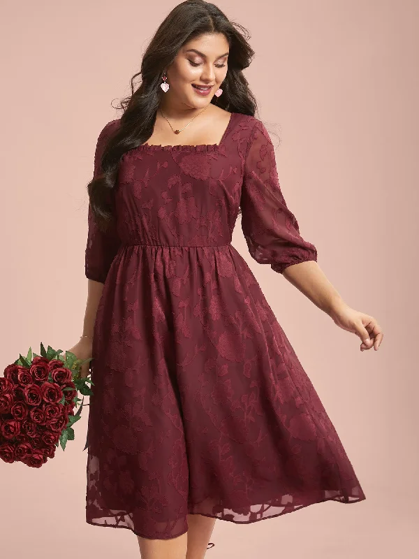 long sleeve dressFloral Frill Trim Stretchy-Waist Sheer Midi Dress