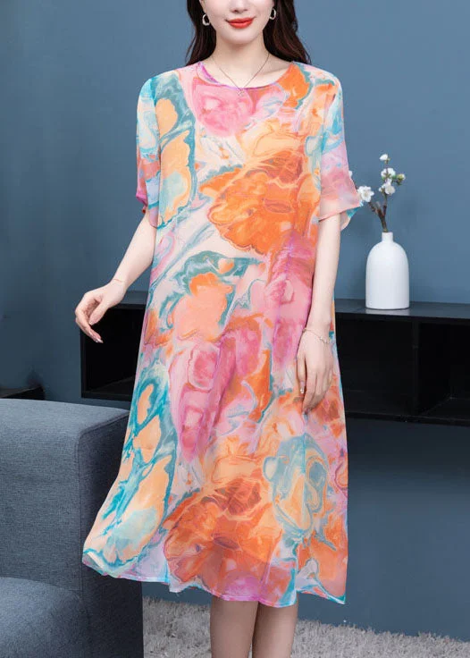 shift dressLoose Orange O Neck Print Patchwork Chiffon Mid Dress Summer