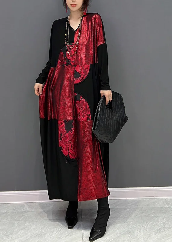 casual day dressCasual Red Black V Neck Print Patchwork Cotton Long Dress Fall