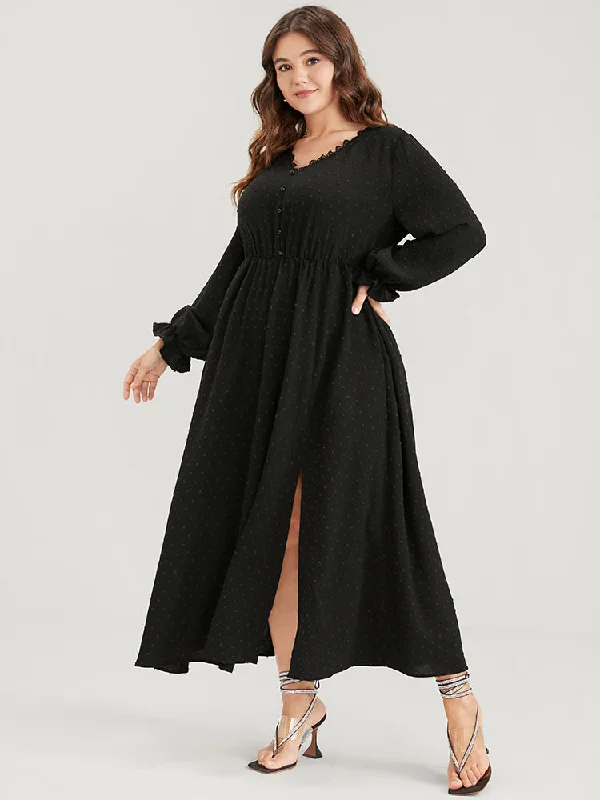 knit dressSolid Pocket Button Lantern Sleeve Lace Trim Split Maxi Dress